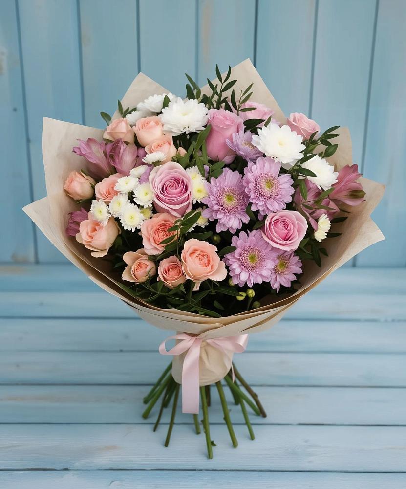 Букет цветов из: Хризантемы, Розы и Альстромерии в Печенге