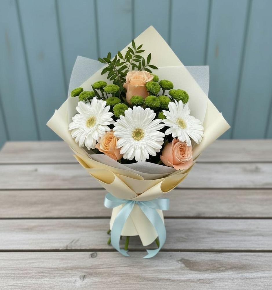 Букет цветов из: Герберы, Розы и Хризантемы в Печенге