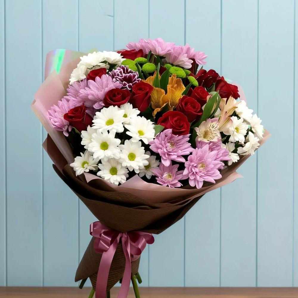 Букет цветов из: Розы, Хризантемы и Альстромерии в Печенге